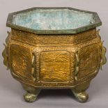 A large 19th century Chinese patinated bronze censer Of octagonal form, with removable liner,