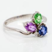 A 14 ct white gold, blue, pink and green sapphire and diamond set ring 1 cm high.