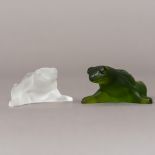Two Lalique frosted glass frogs Each naturalistically modelled, one green, one clear,