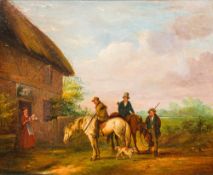 ENGLISH SCHOOL (19th century) Hunting Party Before an Inn Oil on canvas, unsigned, framed.