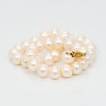 A pearl bead necklace Set with a 14 ct pierced gold clasp. 41 cm long.