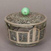 A Chinese unmarked silver mounted facet cut clear glass bowl The removable lid with jade knop