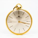 An 18 ct gold Jaeger LeCoultre pocket watch Of slim form, the silvered dial set with batons.