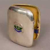 An early 20th century enamel decorated silver plated cigarette case Of hinged form,