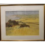 Fields Before the Coast, watercolour, indistinctly signed, framed and glazed. 99 x 80.5 cm overall.