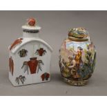 An Italian Capodimonte caddy and a German porcelain tea caddy. The former 12.5 cm high.