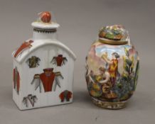 An Italian Capodimonte caddy and a German porcelain tea caddy. The former 12.5 cm high.