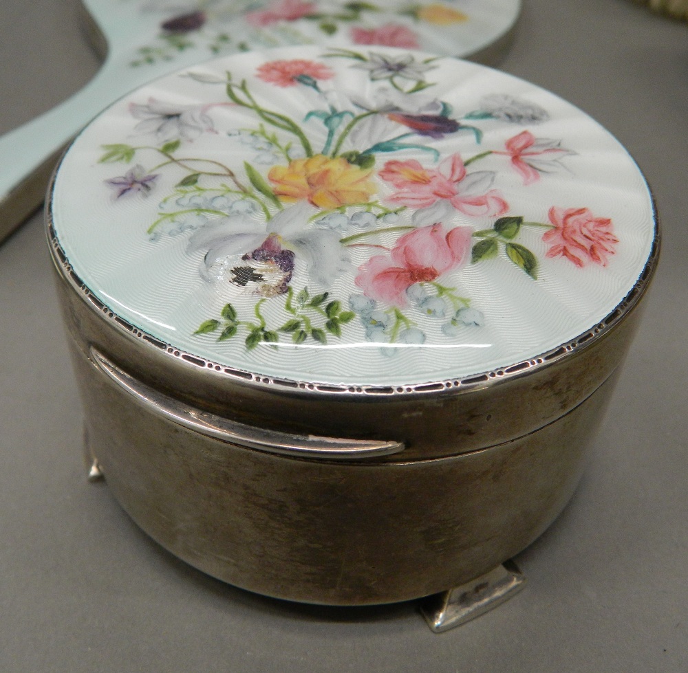 A silver and enamel dressing table set. Mirror 25.5 cm long. - Image 4 of 4