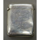A silver vesta, inscribed D & S HGC, 18 HOLE PRIZE, JUNE 26th 1915. 5.5 cm high (24.7 grammes).