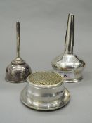 Two Edwardian silver plated wine funnels. Largest 15.5 cm high.