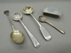 A silver matchbox holder and silver mustard spoons. Matchbox holder 4.5 cm long (45 .