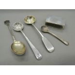 A silver matchbox holder and silver mustard spoons. Matchbox holder 4.5 cm long (45 .