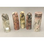 Five Chinese soapstone seals. The largest 14.5 cm high.