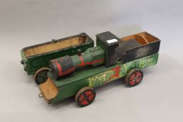 A vintage scratch built wooden train. The engine 53 cm long.