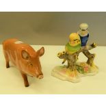 A Royal Doulton pig and a Royal Doulton pair of budgerigar. The pig 15 cm long.