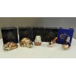 Five boxed Royal Crown Derby paperweights (all with stoppers), including Poppy Mouse,