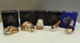 Five boxed Royal Crown Derby paperweights (all with stoppers), including Poppy Mouse,