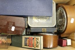 A box of miscellaneous clocks, cutlery, etc.