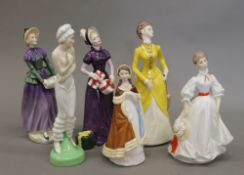 A small collection of various Royal Doulton and Royal Worcester figurines, including Morning Walk,