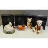 Four boxed Royal Crown Derby paperweights (all with stoppers), including Marmaduke, a swan,
