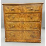 A Victorian burr walnut chest of drawers. 117 cm wide, 120.5 cm high, 53 cm deep.