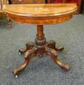 A Victorian burr walnut demi-lune card table. 90 cm wide.