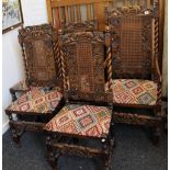 A set of five 17th century style oak barley twist dining chairs, including a carver.