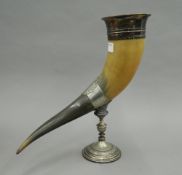 An early 20th century silver plate mounted horn cornucopia, engraved for the Ipswich Fencing Club.