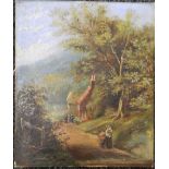 A Victorian oil on canvas, Figures on a Country Path Before a Cottage, unsigned, unframed.