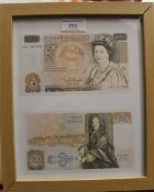 A framed £50 note print. 23.5 x 28 cm overall.