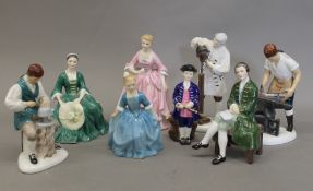 Eight Royal Doulton figurines from Williamsburg, including: The Blacksmith, A Gentleman,