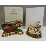 Two large boxed Royal Crown Derby paperweights, a bull and a zebra (both with stoppers).