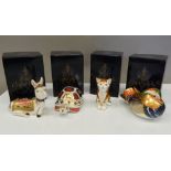 Four boxed Royal Crown Derby paperweights (all with stoppers), including Donkey Foal,