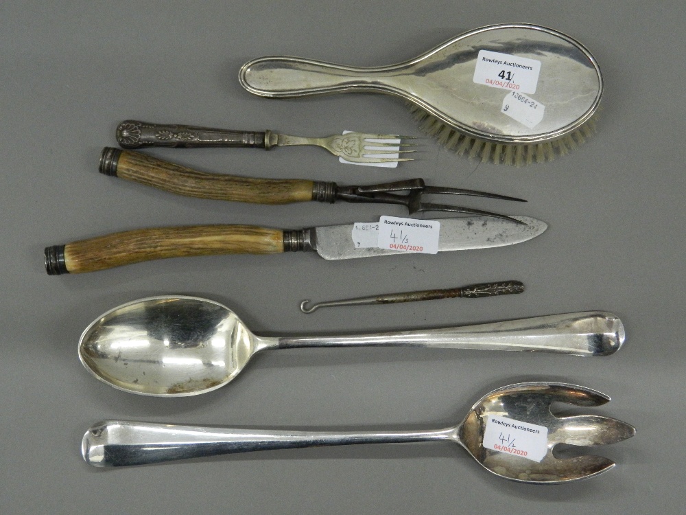 A quantity of various silver and plated items. Salad servers 33.5 cm long.