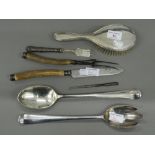 A quantity of various silver and plated items. Salad servers 33.5 cm long.