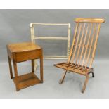 A pine towel rail, a side table and a folding chair. The towel rail 63 cm wide.