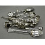 A small quantity of silver and plated spoons, etc. Largest spoon 14.5 cm long (112.