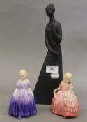 Three Royal Doulton figurines. The largest 30 cm high.