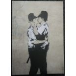 BANKSY, Kissing Policeman, print on canvas, unframed. 31.5 x 44.5 cm.