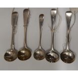 Five silver salt spoons.