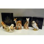 Four boxed Royal Crown Derby paperweights (all with stoppers), including Song Thrush, Fawn,