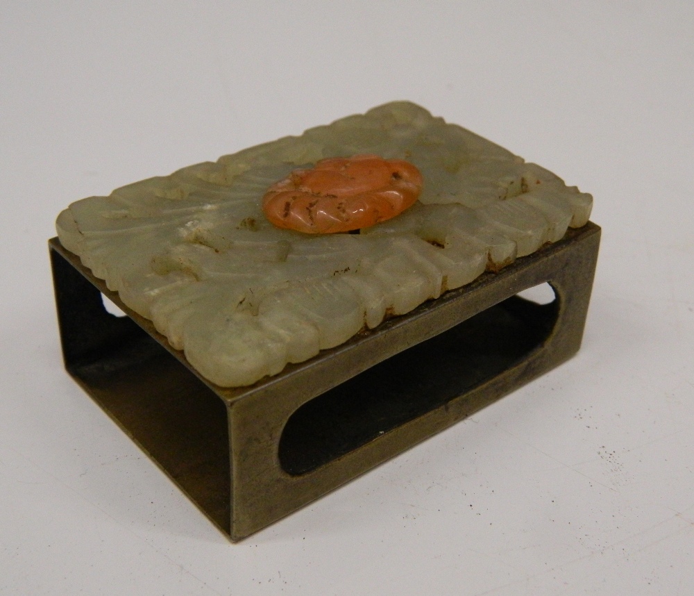 A jade mounted match box holder. 6 x 4 cm.