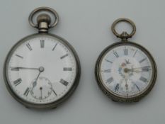 A silver cased pocket watch and a silver cased fob watch. The former 4.5 cm diameter.