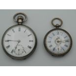A silver cased pocket watch and a silver cased fob watch. The former 4.5 cm diameter.