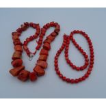 Two coral necklaces. The largest 56 cm long.