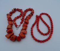 Two coral necklaces. The largest 56 cm long.