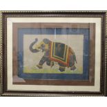 A large Indian silk painting of an elephant, framed and glazed. 105 cm wide overall.