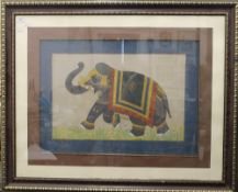 A large Indian silk painting of an elephant, framed and glazed. 105 cm wide overall.