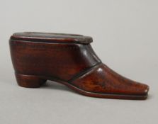 A 19th century piquet inlaid treen snuff shoe. 10 cm wide, 4 cm high.