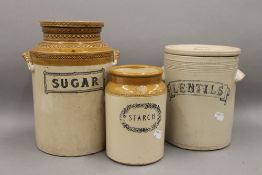 Three Victorian stoneware storage jars; Lentils, Sugar and Starch. Starch 19 cm high.